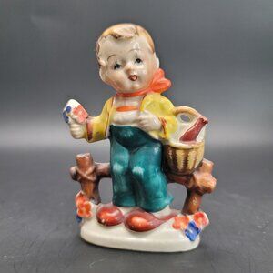 Vintage Occupied Japan Figurine Boy with Basket and Flowers PR167